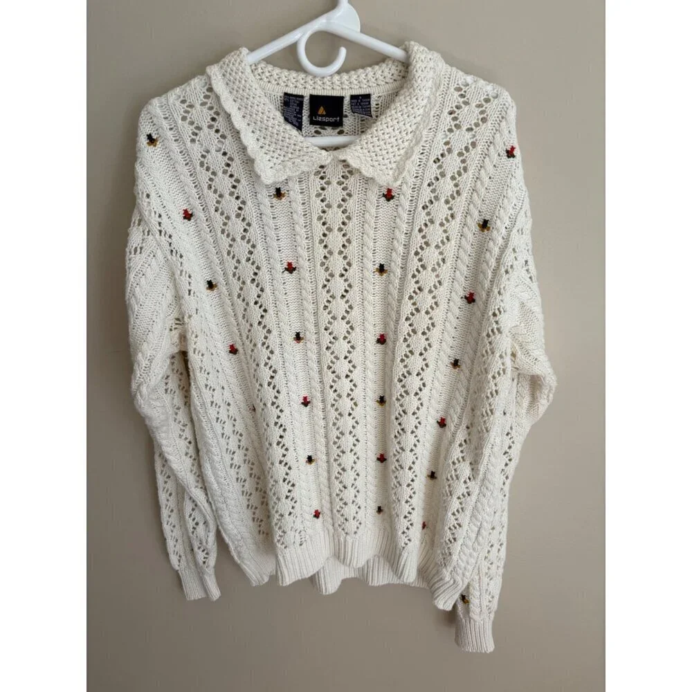 Vintage 90s Cottagecore Liz Sport Floral Embroidered Sweater Size Small - Picture 8 of 14